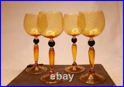 NWT Four Signed Antichi Angeli Amber Murano Venetian Glass Wine Goblets Italy