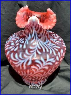Nice 11 Signed Fenton Cranberry Opalescent Ruffled Daisy and Fern Glass Vase
