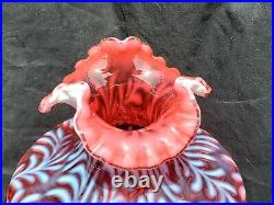 Nice 11 Signed Fenton Cranberry Opalescent Ruffled Daisy and Fern Glass Vase