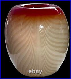 Nourot Studio Pulled Feather Tan Amber Red Art Glass Vase Very Rare Signed