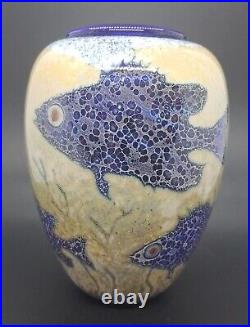 OOAK STUDIO ART GLASS Signed BUD VASE VESSEL FISH MOTIF COBALT BLUE OATMEAL