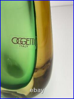 Oggetti SIGNED L. Onesto Murano Italy Amber/Green Sommerso Glass Vase 9.5