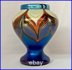 Orient & Flume Art Glass Iridescent Pulled Feather Vase. Signed & Dated 1975