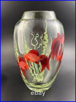 Orient & Flume Art Glass Scott Beyers Red Betta Fish 10 1/4 Vase Signed w Label