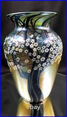 Orient & Flume Blue Iridescent Hawthorn Vase Signed Tree Flowers Glass Vintage