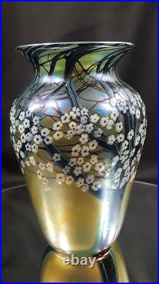 Orient & Flume Blue Iridescent Hawthorn Vase Signed Tree Flowers Glass Vintage