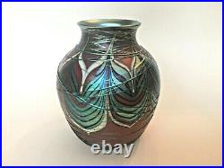 Orient & Flume Iridescent Drizzled Pulled Peacock Feather Vase Signed 1978 6