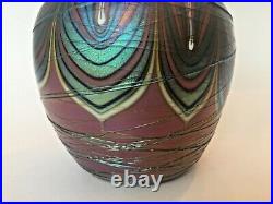 Orient & Flume Iridescent Drizzled Pulled Peacock Feather Vase Signed 1978 6