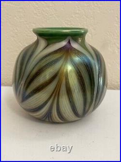 Orient & Flume Signed Green Hand Blown Art Glass Pulled Feather Design Vase