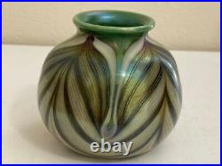 Orient & Flume Signed Green Hand Blown Art Glass Pulled Feather Design Vase