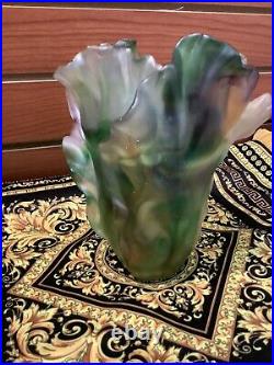 Pate De Verre Nancy Daum Style Ginkgo Green Multi Color Vase H19 Cm Signed