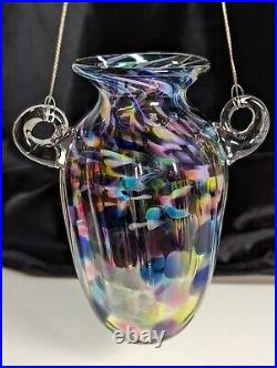 Polychrome Glass Art Hanging Vase Michael Mikula Signed W Mount Wire Rainbow