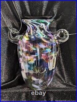 Polychrome Glass Art Hanging Vase Michael Mikula Signed W Mount Wire Rainbow