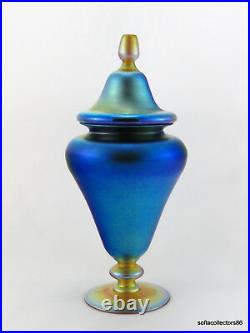 Quezal Art Glass Blue Lustre Tall Lidded Urn or Vase ca 1920s