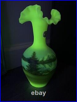 RARE Fenton MOUNTAIN REFLECTION Satin Custard Glass Vase Signed D Fredrick GLOWS