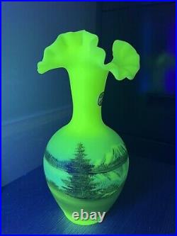 RARE Fenton MOUNTAIN REFLECTION Satin Custard Glass Vase Signed D Fredrick GLOWS