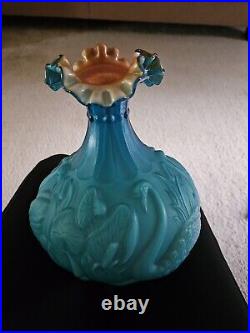 RARE Signed Fenton Azure Blue WithGold Interior Swan/Cattail Vase #525/1500