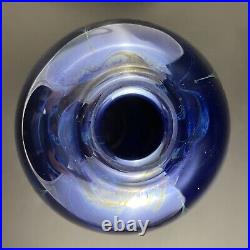 Randy Strong Art Glass Iridescent Cobalt Pulled Feather 9 1/2 Vase Signed