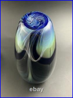 Randy Strong Art Glass Iridescent Cobalt Pulled Feather 9 1/2 Vase Signed
