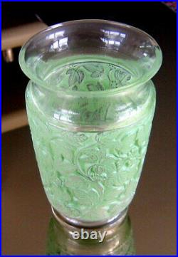 Rene Lalique 1941 Deauville Vase, Green Patina with Sculpted Vine. 6 Tall