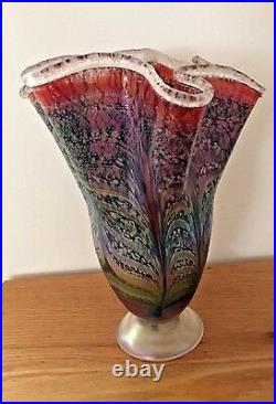 Rick Hunter Signed Hand Blown Glass Extra Large Cherry Red Fluted Vase 12 inch