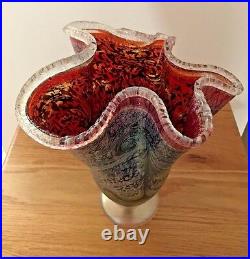 Rick Hunter Signed Hand Blown Glass Extra Large Cherry Red Fluted Vase 12 inch