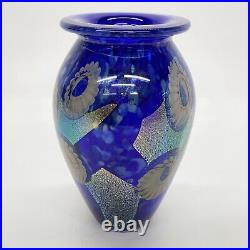 Robert Eickholt 2006 Blue Abstract Floral Art Glass Vase 7.5 Signed VCLSW