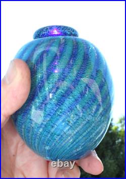 Robert Eickholt Art Glass 4.25 Bud Vase Iridescent Swirls Luster Signed 1989