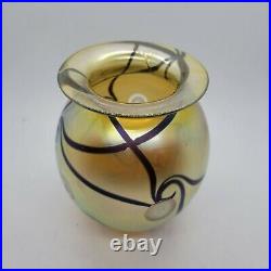 Robert Eickholt Glass Vase 5.5 in Iridescent Aurene Luster Ribbon Yellow 1999