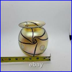 Robert Eickholt Glass Vase 5.5 in Iridescent Aurene Luster Ribbon Yellow 1999