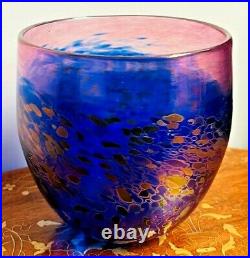 Robert Held Signed Pebble Art Glass Big Bowl Vase Ruby Cobalt Iridescent