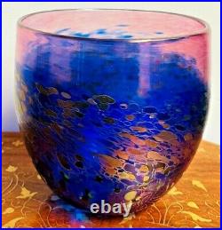 Robert Held Signed Pebble Art Glass Big Bowl Vase Ruby Cobalt Iridescent