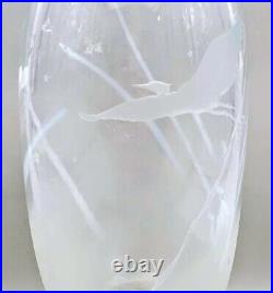 Robert Lee Fritz Art Glass Vase Clear Frosted Cranes Birds Large 11 Signed