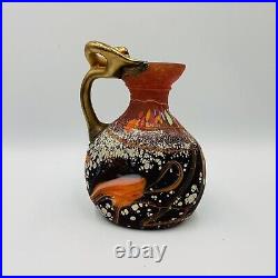 Romanian Art Glass Vase Fused Metal Overlay Branch Attached Signed Red Satin