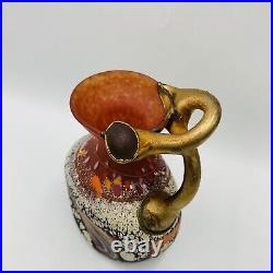 Romanian Art Glass Vase Fused Metal Overlay Branch Attached Signed Red Satin