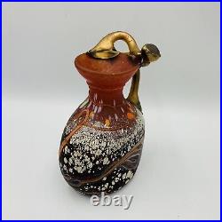 Romanian Art Glass Vase Fused Metal Overlay Branch Attached Signed Red Satin