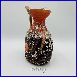 Romanian Art Glass Vase Fused Metal Overlay Branch Attached Signed Red Satin