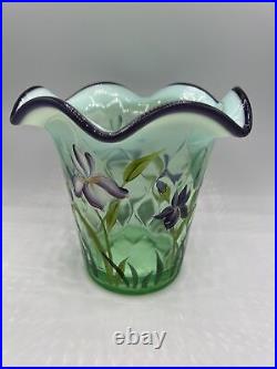 SIGNED Bill Fenton Hand Painted Willow Green Glass IRIS 6.5 Vase Purple Crest