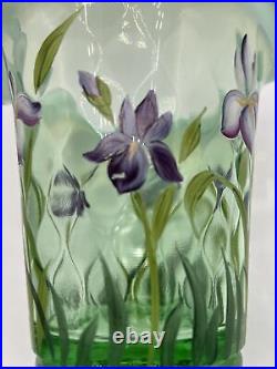 SIGNED Bill Fenton Hand Painted Willow Green Glass IRIS 6.5 Vase Purple Crest