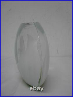 SIGNED ERWIN EISCH 11 ROUND ART GLASS ROSE BOWL VASE w WHITE PAINTED FLOWERS