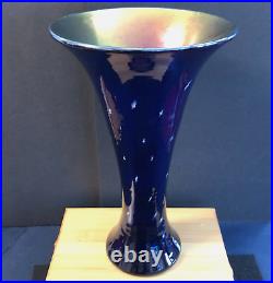 SIGNED Lundberg Studio Starry Night Art Glass BLUE Luster Trumpet Vase 10.5