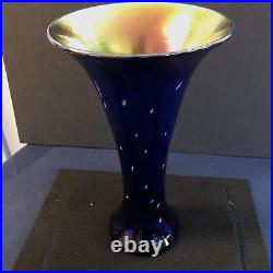 SIGNED Lundberg Studio Starry Night Art Glass BLUE Luster Trumpet Vase 10.5