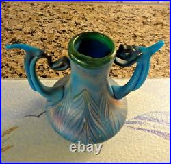 Signed 1975 David Nichols Studio Art Glass Pulled Feather Turquoise Blue Vase