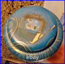 Signed 1975 David Nichols Studio Art Glass Pulled Feather Turquoise Blue Vase