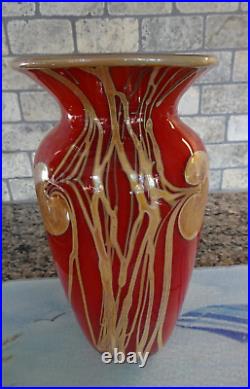 Signed 1987 Eric Brakken Glasshouse Studio Red Hanging Hearts Vase 9.25 Tall