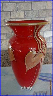 Signed 1987 Eric Brakken Glasshouse Studio Red Hanging Hearts Vase 9.25 Tall