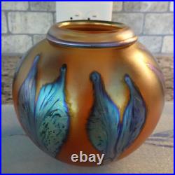 Signed 1990 Charles Lotton Studio Art Glass Gold Iridescent Multi Floral Vase
