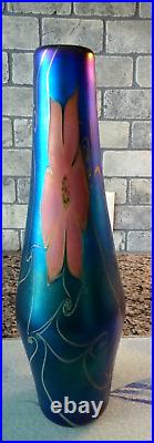 Signed 2006 Vandermark Studio Art Glass Blue Aurene Iridescent Floral Vase 11.5