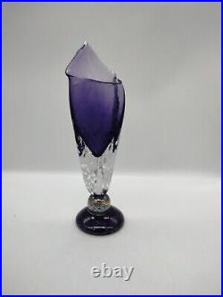 Signed Abstract Hand Blown Art Glass Vase Mottled Textured Purple and Clear