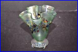 Signed Art Glass Ruffled Iridescent Handkerchief Vase 6 Dichroic Confetti
